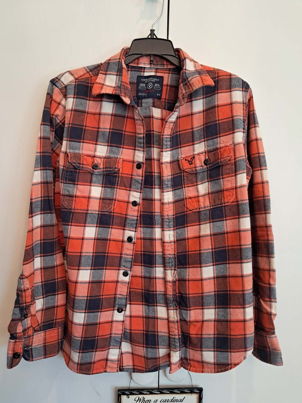 American Eagle Outfitters Orange and Navy Plaid Button-Down Shirt